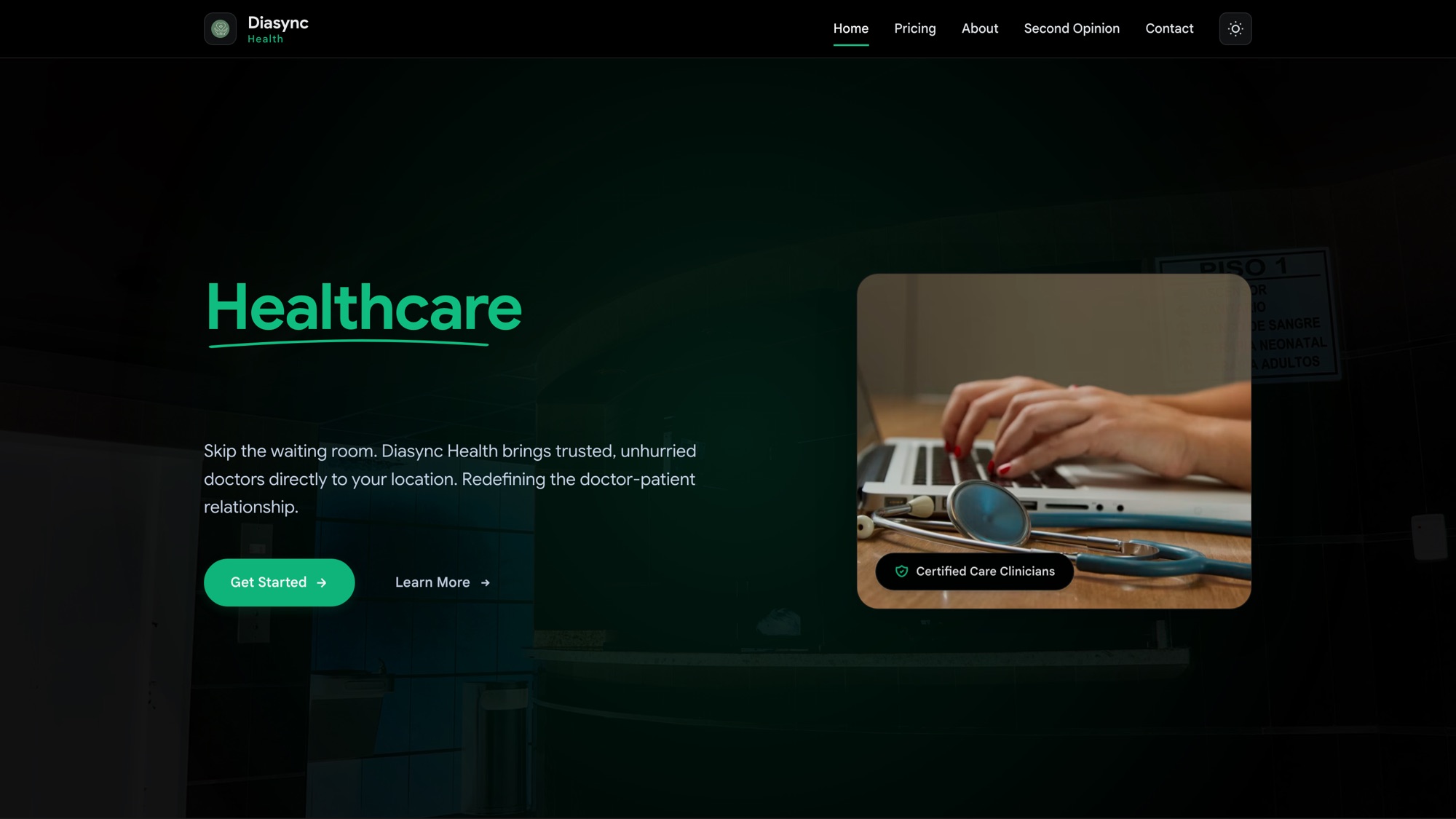 The Diasync Health home page: 'Healthcare' set in green over a dark clinical interior, with the line about bringing unhurried doctors directly to your location.